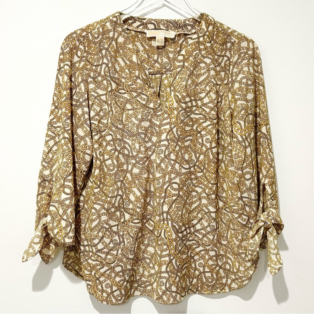 Michael Kors Chain Print  Blouse Bracelet Length Sleeve V Neck Round Hem